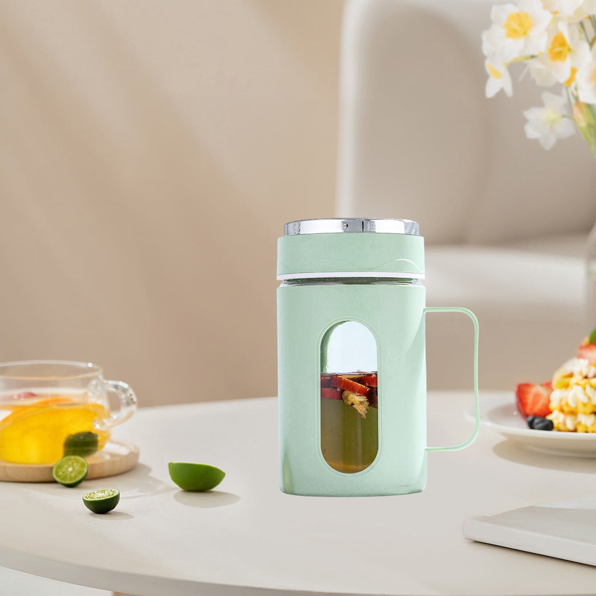 Double-Wall Glass Tea Mug with Handle, Lid and Loose Leaf Infuser - Image 2