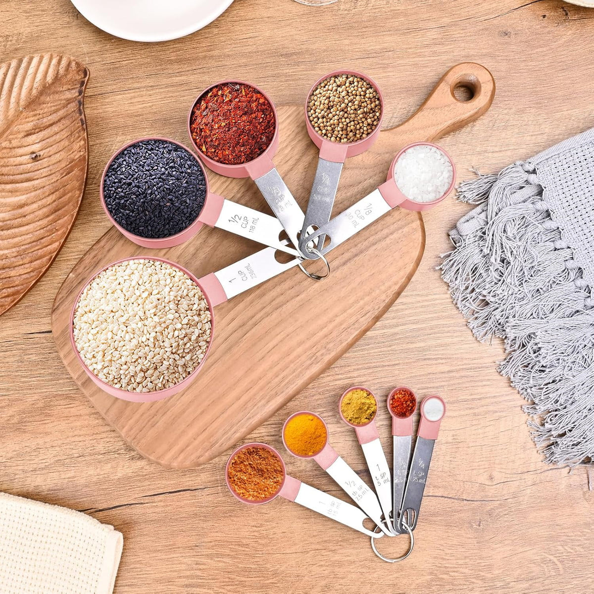 Nesting Measuring Cup and Spoon Set, 10 Pieces in Steel and Pink - Image 2