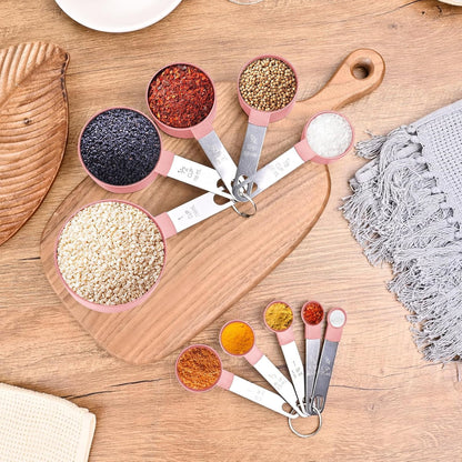 Nesting Measuring Cup and Spoon Set, 10 Pieces in Steel and Pink - Image 2