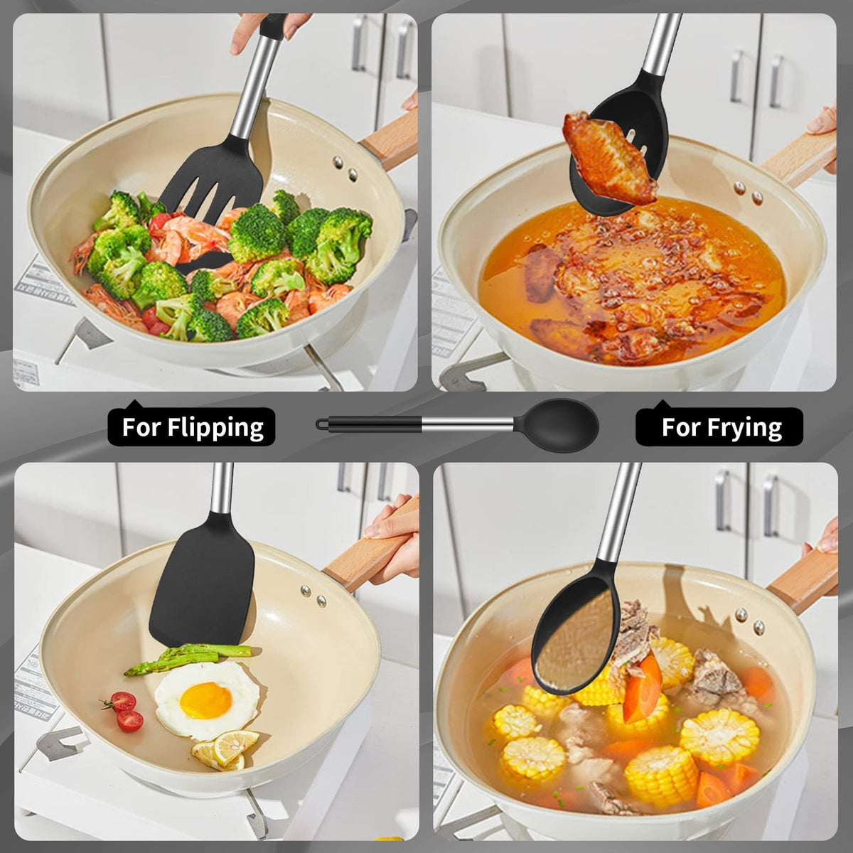 Silicone Spatula and Spoon Set, 4 Heat Resistant Pieces in Black - Image 3