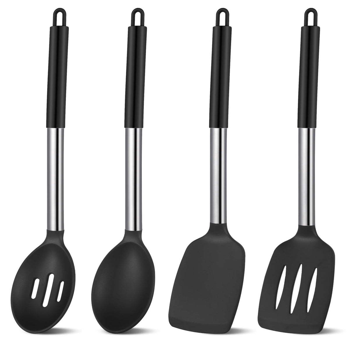 Silicone Spatula and Spoon Set, 4 Heat Resistant Pieces in Black