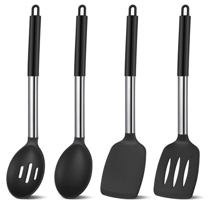 Silicone Spatula and Spoon Set, 4 Heat Resistant Pieces in Black