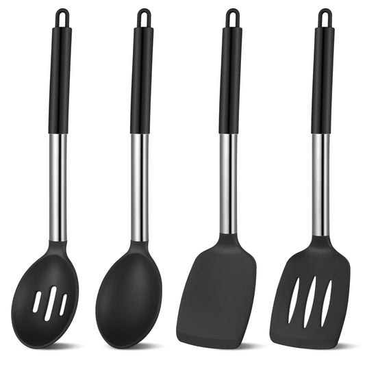 Silicone Spatula and Spoon Set, 4 Heat Resistant Pieces in Black