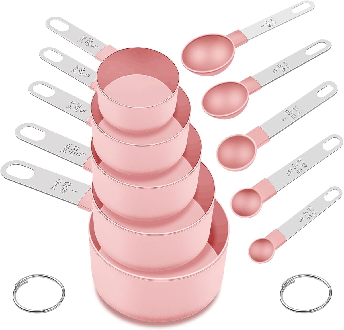 Nesting Measuring Cup and Spoon Set, 10 Pieces in Steel and Pink