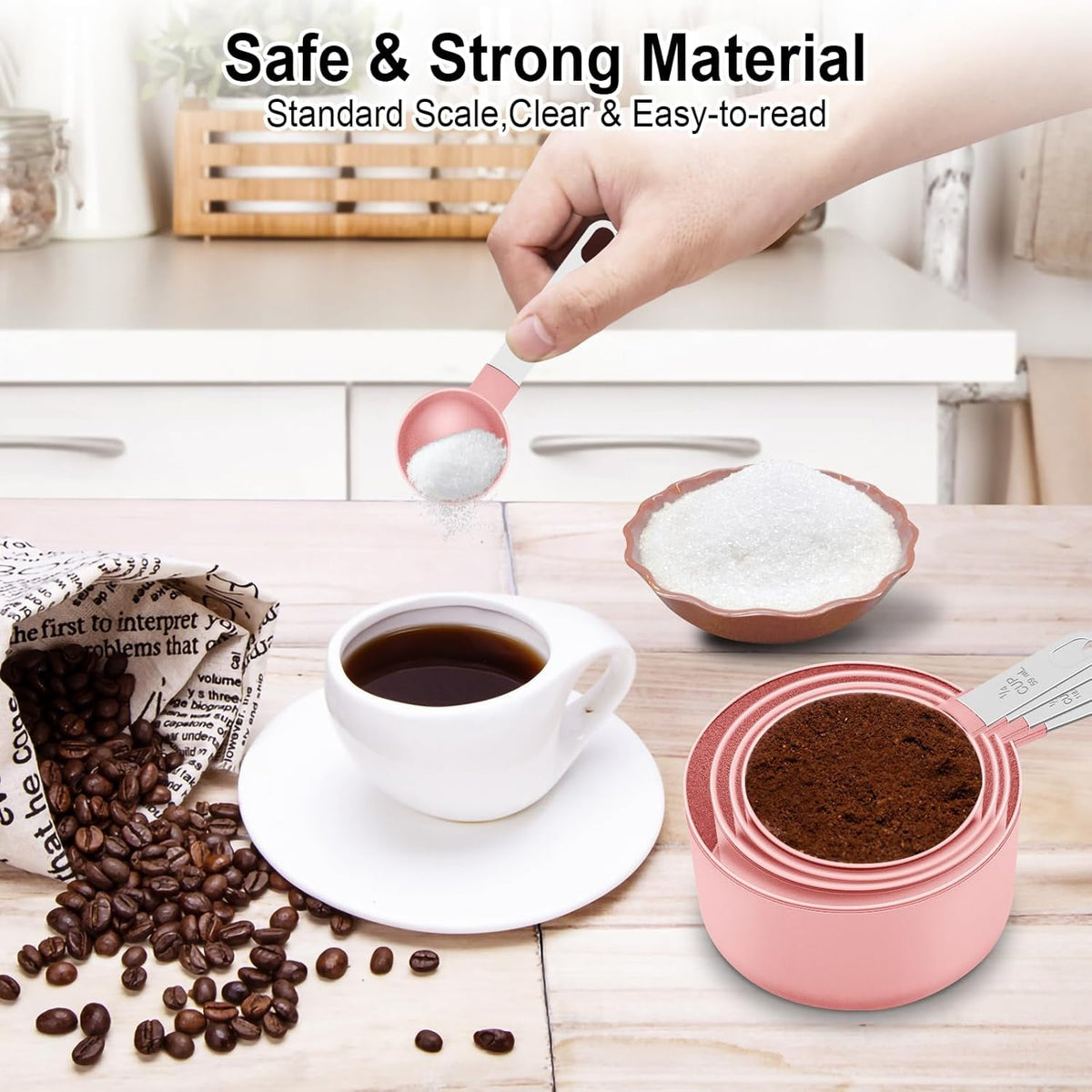 Nesting Measuring Cup and Spoon Set, 10 Pieces in Steel and Pink - Image 5