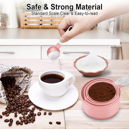 Nesting Measuring Cup and Spoon Set, 10 Pieces in Steel and Pink - Image 5
