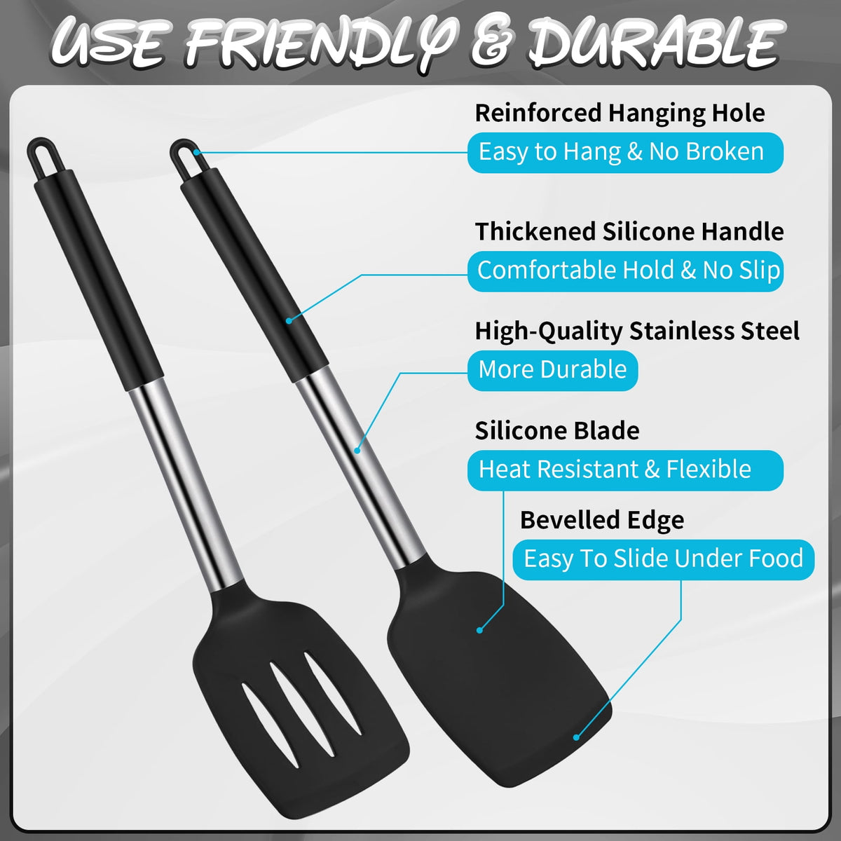 Silicone Spatula and Spoon Set, 4 Heat Resistant Pieces in Black - Image 4